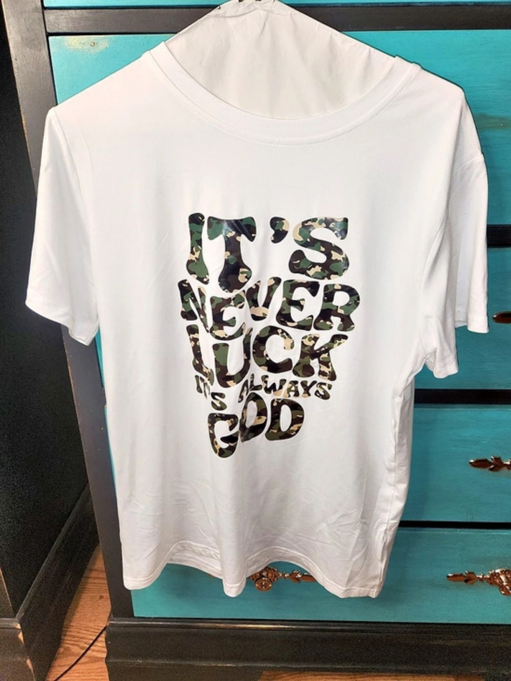 It's Never Luck It's Always God Graphic T-Shirt Tee in White & Black Size Medium